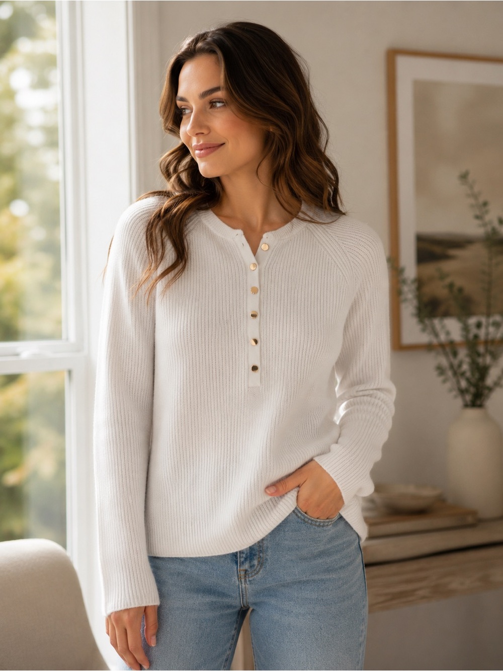 LOFT White Ribbed Cotton Henley Sweater Gold Buttons Size M
